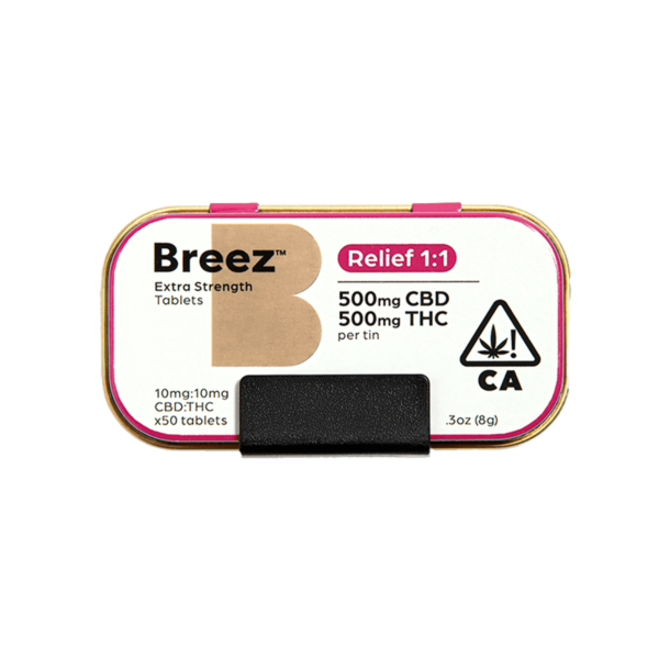 Breez Tablet 50 Count Tin – Relief 1:1 CBD:THC, 1000mg